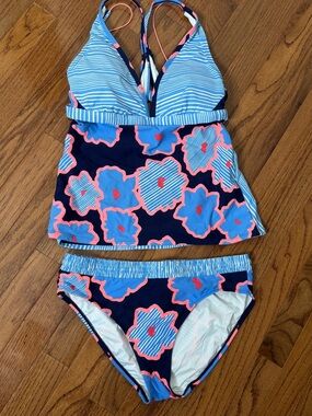 Anne Cole Takini Swim Suit Blue Stripe Floral Size L